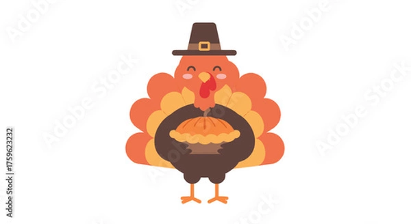 Fototapeta A cute cartoon turkey wearing a pilgrim hat and holding a pumpkin pie for Thanksgiving.