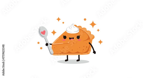Obraz Cute cartoon pumpkin pie slice with whipped cream holding a spoon with a heart.