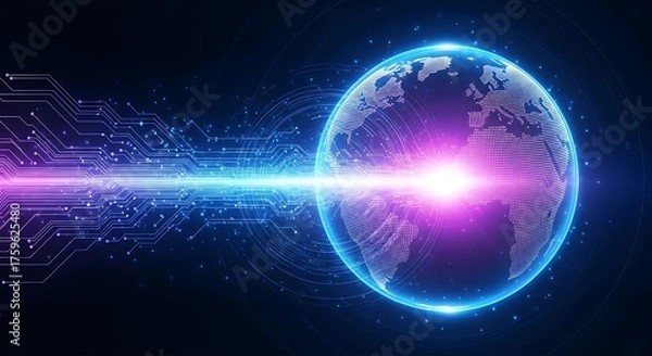 Fototapeta Glowing Digital Earth with Neon Circuitry and Data Stream globe technology