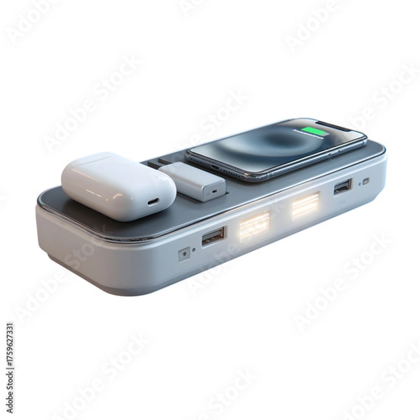 Fototapeta Modern wireless charging station isolated on transparent background for multiple devices