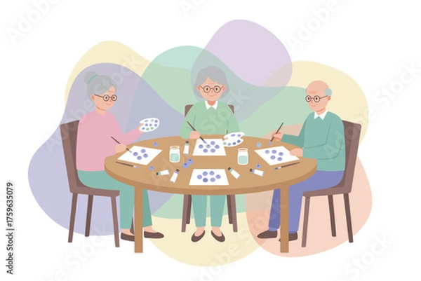 Fototapeta Seniors enjoying a creative painting hobby together at a table Healthy aging community art class