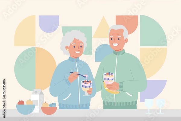 Fototapeta A senior couple happily enjoying healthy fruit and yogurt parfaits for a nutritious lifestyle
