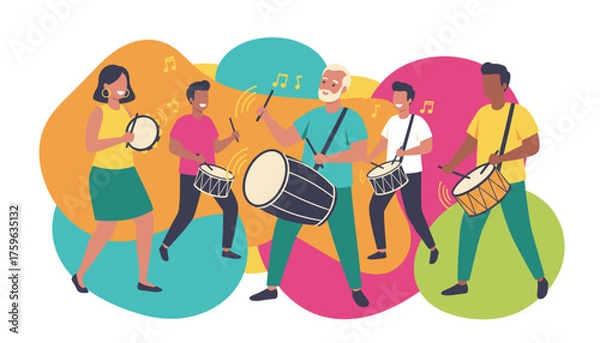 Fototapeta Joyful group playing drums and tambourine Diverse musical celebration and community event
