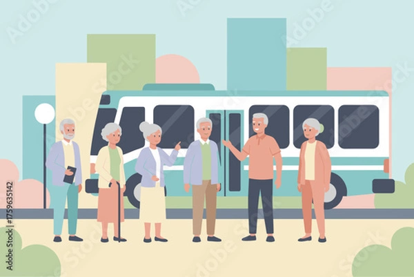 Fototapeta Smiling senior friends waiting by a bus enjoying urban community and public transport