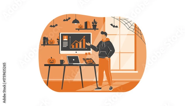 Fototapeta Man analyzing data in a festive Halloweenthemed home office blending work with holiday spirit