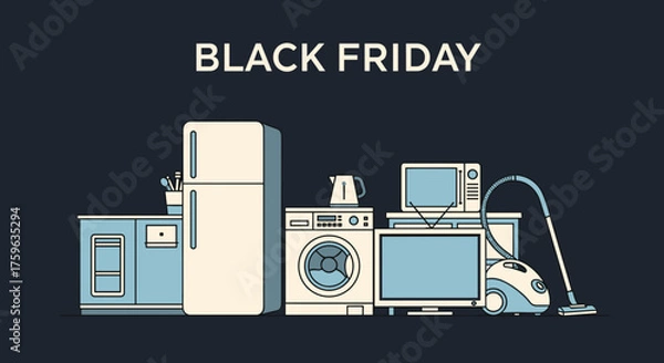 Fototapeta Black Friday sale banner featuring illustration of various household appliances and electronics