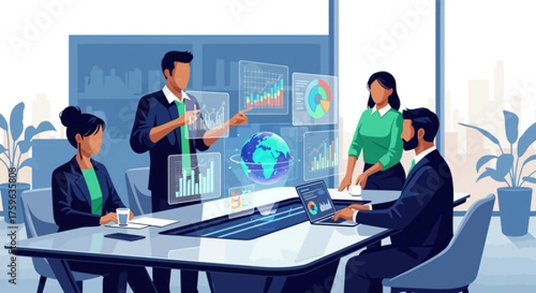 Obraz Business team presentation with futuristic interface in conference room collaborative strategy