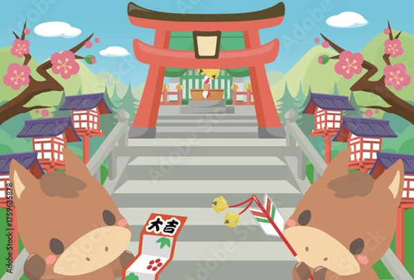 Obraz 午年　年賀素材　2026年　初詣に行く午のテンプレート2　文字無し