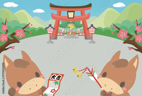 Obraz 午年　年賀素材　2026年　初詣に行く午のテンプレート　文字無し