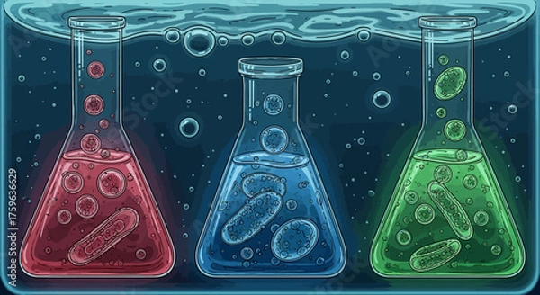 Obraz Laboratory beakers containing colorful liquids and bacteria science experiment research