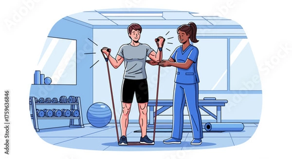 Obraz Man exercising with resistance bands Physical therapy session in clinic Rehabilitation and recovery