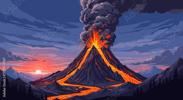 Obraz Volcano erupting with lava flowing down sides dramatic sky at sunset powerful nature scene