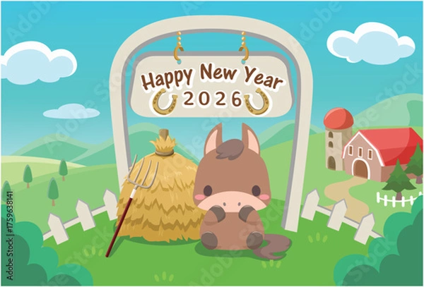 Obraz 午年　年賀素材　2026年　馬と牧場の家2