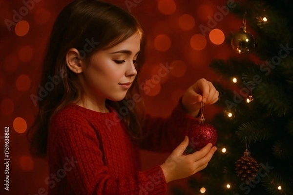 Fototapeta Young girl in red sweater decorating Christmas tree with baubles on festive background with warm holiday lights