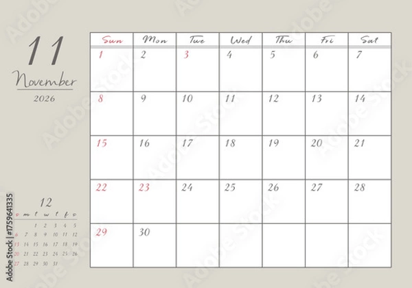 Fototapeta 2026年 11月 おしゃれ書き込みカレンダー