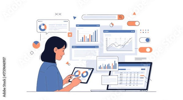 Fototapeta Data analytics dashboard illustration shows woman analyzing charts on tablet and laptop, perfect for business intelligence and reporting concepts