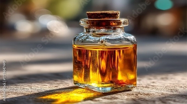 Fototapeta Glass Jar Filled with Amber Oil and Cork Lid on Wooden Surface