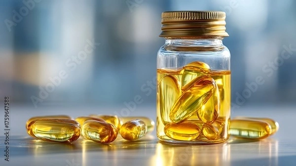 Fototapeta Glass jar filled with golden capsules and natural oil on table