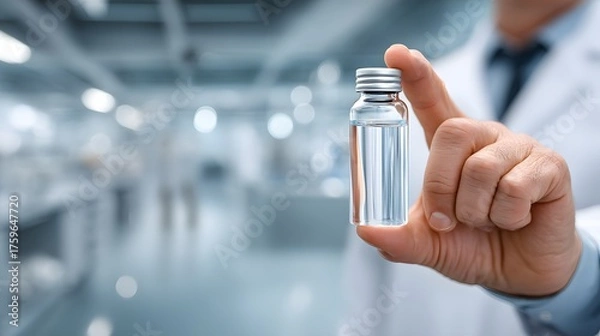 Fototapeta Scientist Holding Clear Glass Vial with Liquid in Modern Laboratory