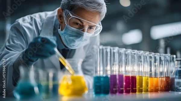 Fototapeta Scientist Conducting Colorful Experiments in Modern Laboratory Setting
