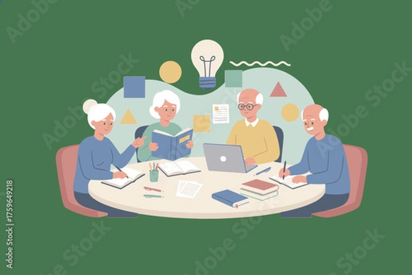 Fototapeta Seniors actively engaged in a learning group fostering collaboration knowledge and community