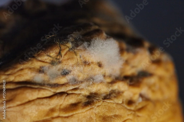 Fototapeta Close-up of a moldy walnut in its shell, showing signs of microbial decay. Visual concept for themes of poor quality, danger, or health risks in food.