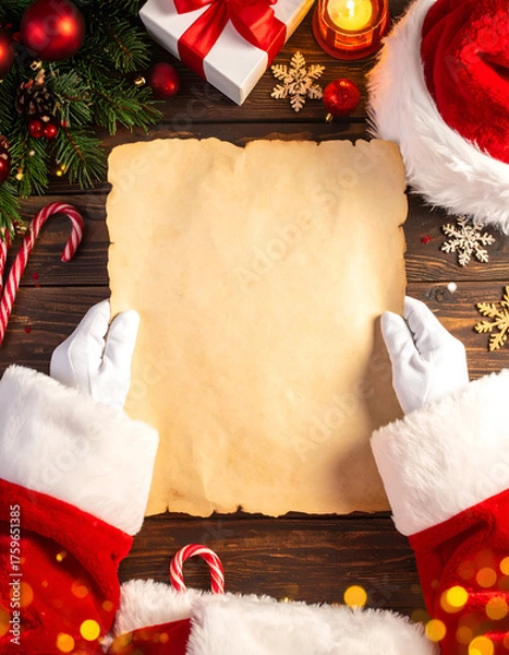 Obraz Holiday composition with Santa’s hands holding blank parchment for Christmas message or wish list.