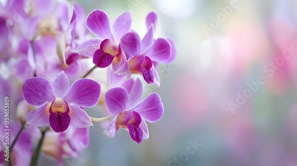 Fototapeta Delicate purple orchids bloom on a soft, blurred background.