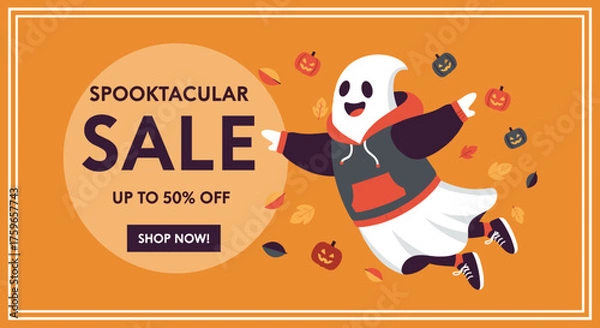 Fototapeta Spooktacular Halloween sale banner with cheerful ghost pumpkins and autumn leaves Up to 50 off for seasonal promotions