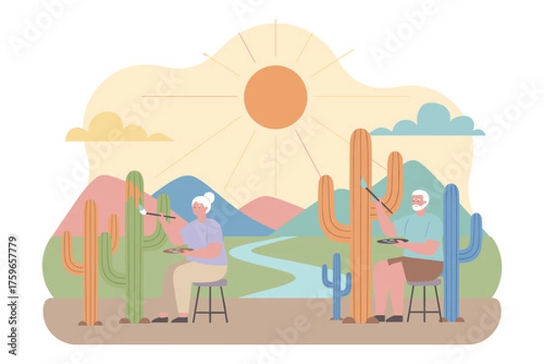 Fototapeta Happy seniors painting desert cacti enjoying creative hobby and serene retirement life