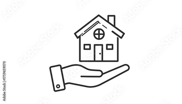 Obraz Minimalist illustration depicting a hand cradling a house outline, symbolizing support and ownership. The line art is clean and modern