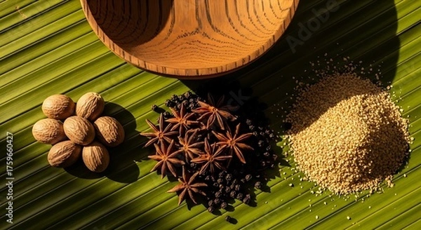 Obraz An artistic arrangement of whole nutmegs, star anise, black peppercorns, and cumin seeds on a green woven mat with a wooden bowl.