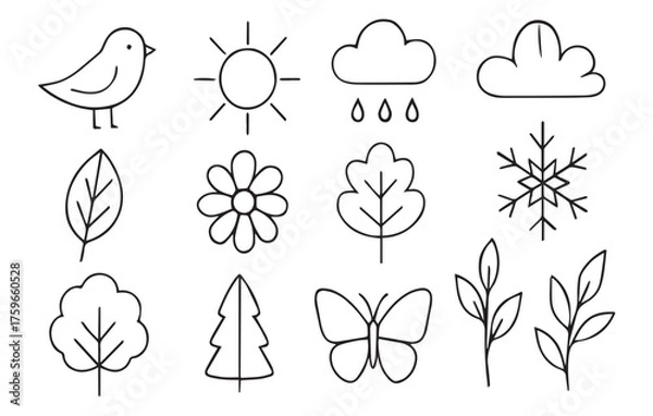 Fototapeta Seasonal doodle collection featuring spring bird, summer sun, and winter snow