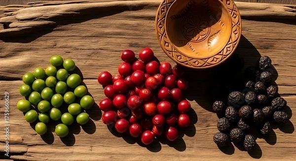 Obraz A striking top-down view of coffee cherries in three stages of ripeness—green, red, and dried black—on rustic wood with a carved bowl.
