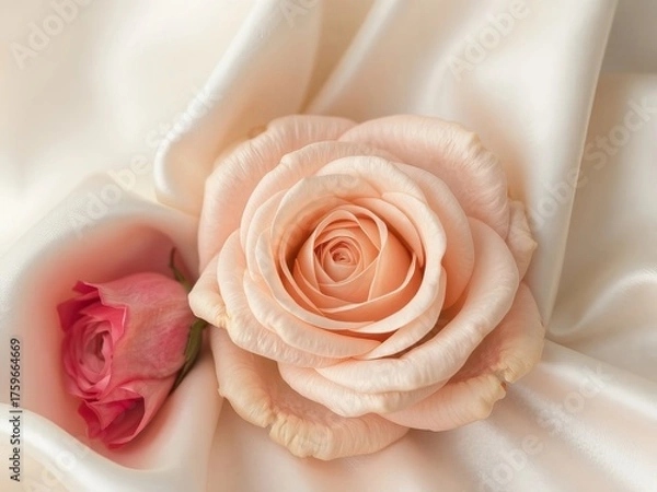 Fototapeta An elegant peach colored rose with intricate petals is led against a soft, creamy satin fabric with a smaller pink rose bud completing the romantic scene.