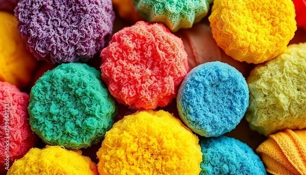Fototapeta Close-up of colorful scrub sponges, various textures,  scrubbing,  rough