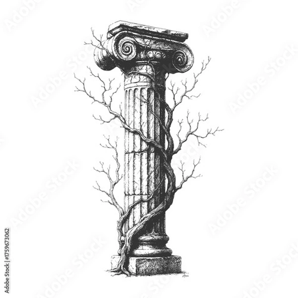 Obraz Ancient Greek column illustration with vines, representing history, art, and architecture. Perfect for education or classic design use.