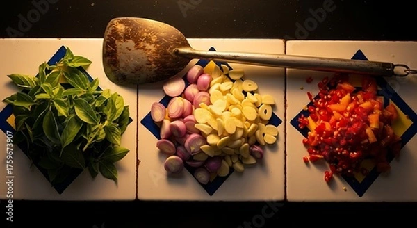 Obraz A colorful composition of fresh Indonesian cooking essentials: basil leaves, sliced shallots, garlic, and chopped red chilies on patterned tiles.