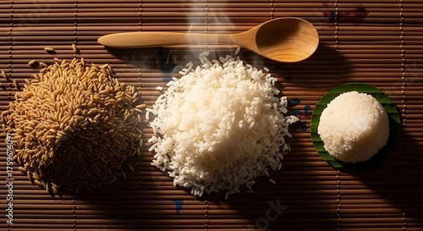 Obraz The transformation of rice: husked brown rice, steamed white rice, and a mound of cooked sticky rice on a banana leaf and woven mat.