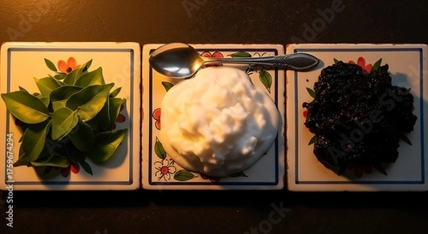 Obraz A stark contrast of kaffir lime leaves, thick coconut foam, and a dark paste (such as tapai or black rice paste) on decorative tiles.