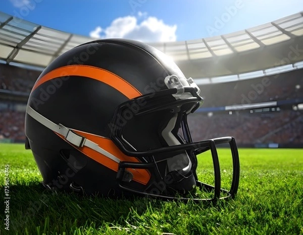 Fototapeta Close-up of a rugby helmet lying on green grass at a stadium, under bright sunlight. Realistic sports scene symbolizing strength, protection, and competition.