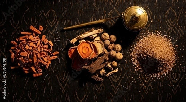 Obraz A traditional Indonesian herbal tonic composition: fragrant wood chips, dried sliced roots, cardamom, and spice powder with a brass ladle.