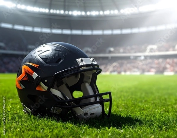 Fototapeta Close-up of a rugby helmet lying on green grass at a stadium, under bright sunlight. Realistic sports scene symbolizing strength, protection, and competition.
