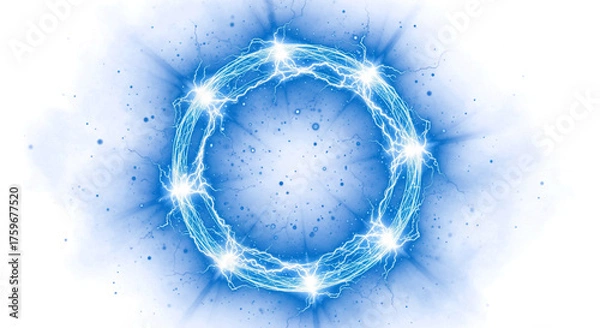 Fototapeta Abstract glowing blue energy number zero formed by electric sparks and light trails isolated on transparent background