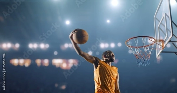 Obraz Basketball player performs a slam dunk on a sport background