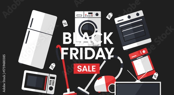 Fototapeta Black Friday Sale graphics with appliances fridge oven washing machine and vacuum