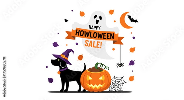 Fototapeta Cute dog in witch hat and friendly ghost announce a Happy Howloween Sale with a pumpkin and spooky elements Perfect for autumn promotions