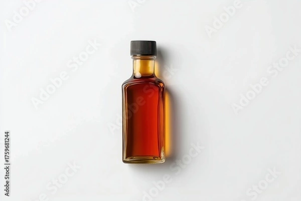 Obraz Glass bottle of maple syrup on white background in top view, flat lay composition for product mockup design, clear sharp focus with realistic texture and natural amber color details