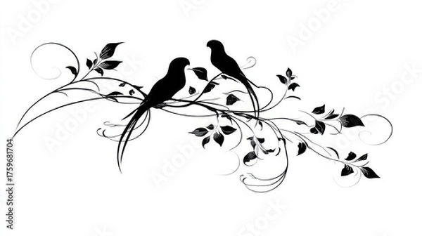 Fototapeta Silhouette of two birds perched on decorative vine illustration isolated