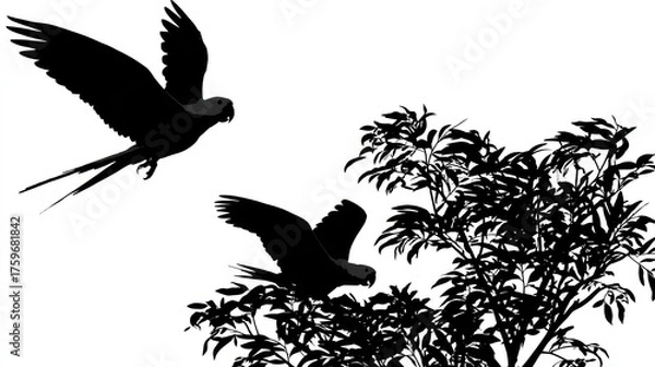 Obraz Silhouettes of parrots in flight near foliage against white background